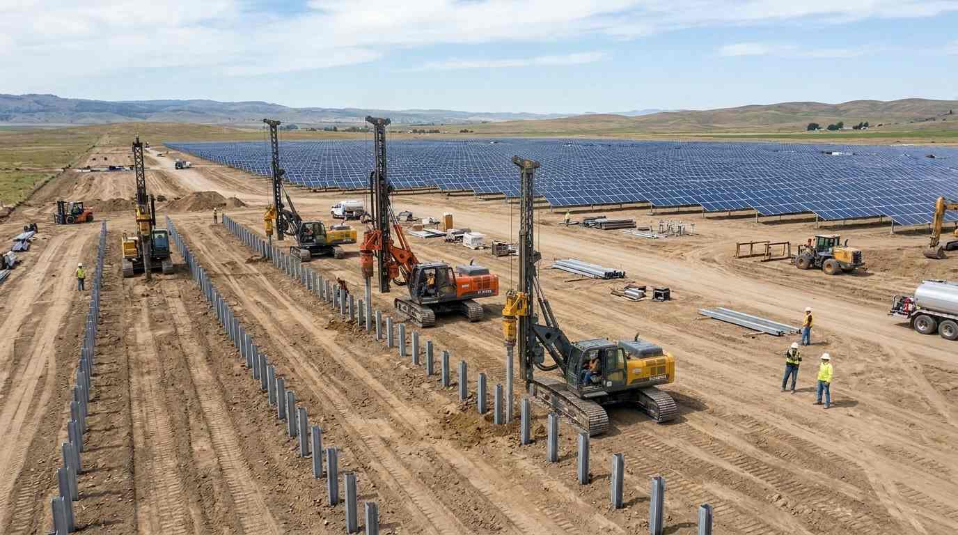 Pile drivers for solar panel foundations at work on a utility-scale PV installation Pile drivers for solar panel foundations at work on a utility-scale PV installation